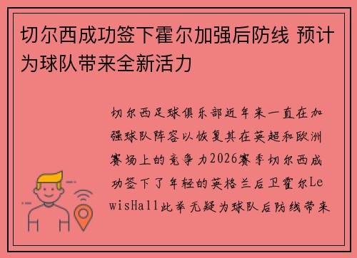 切尔西成功签下霍尔加强后防线 预计为球队带来全新活力