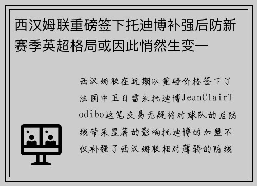 西汉姆联重磅签下托迪博补强后防新赛季英超格局或因此悄然生变一