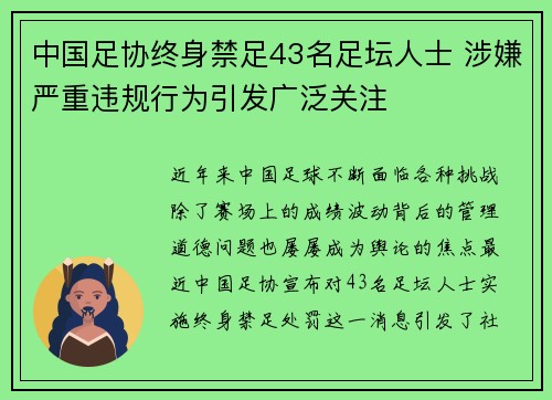 中国足协终身禁足43名足坛人士 涉嫌严重违规行为引发广泛关注